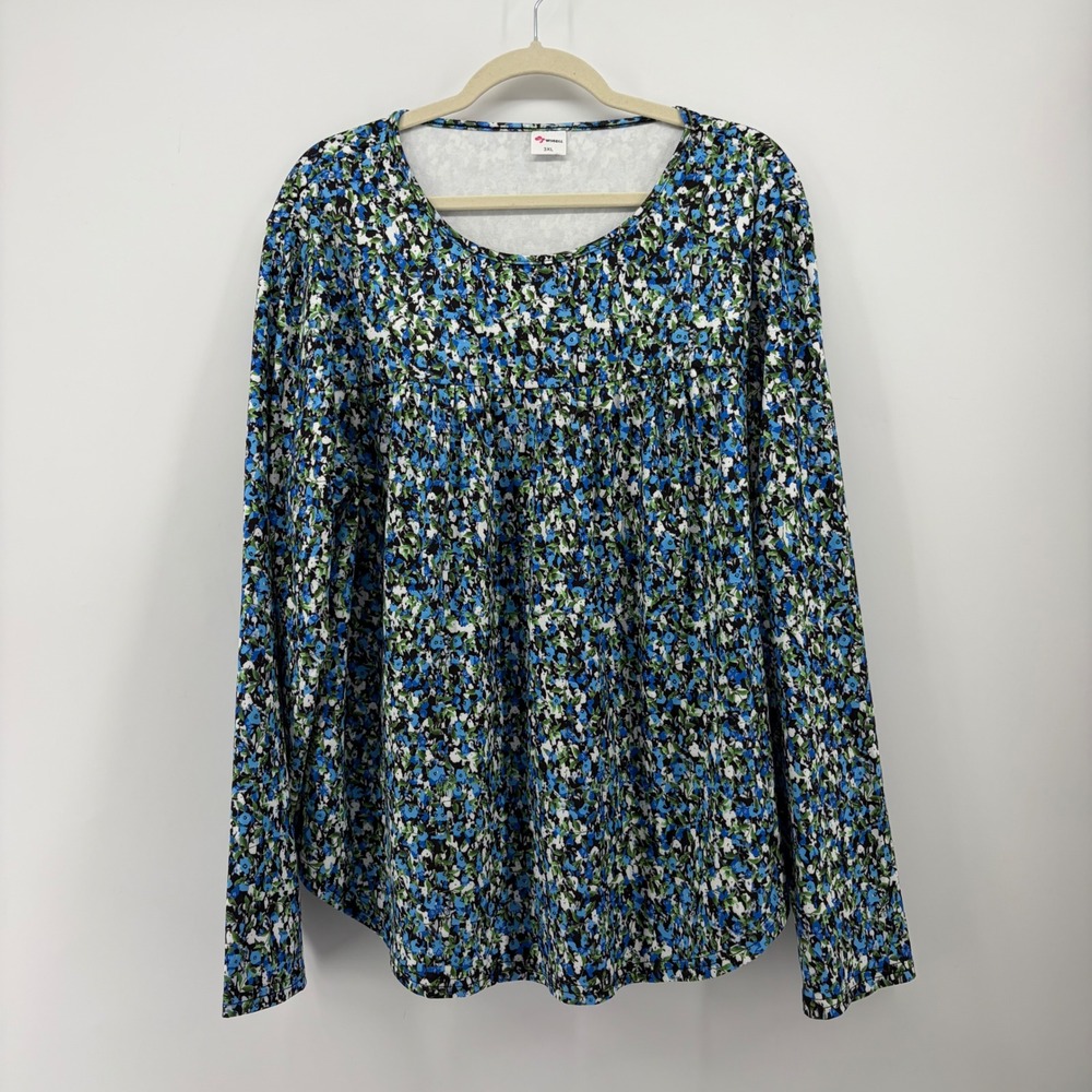 Wiholl Womens 3XL Blue Green Floral Long Sleeve Empire Waist Scoop Neck Tunic